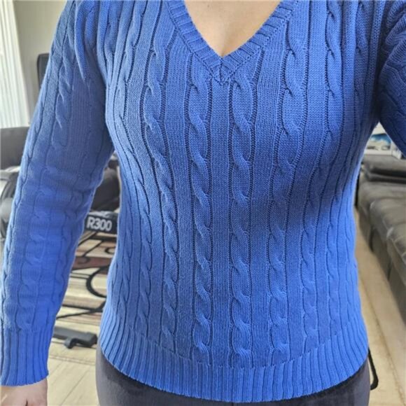 Women's Long Sleeve Cable Knit Sweater Fall V Neck Fitted Pullover Top - Picture 7 of 7